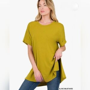 Z108 NWT Zenana Rolled Short Sleeve Side Slit Hi-Low Hem Top Stretch Sm Md Lg XL